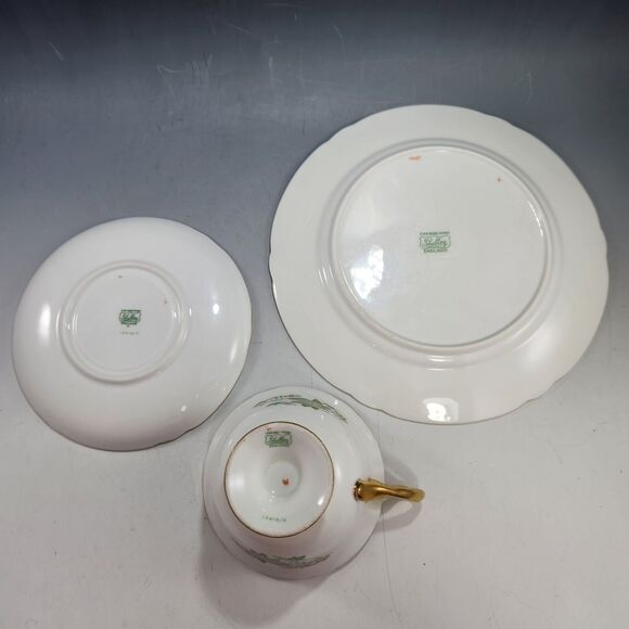 Shelley China Trio Gold Grape Vine #13616C Green Lunch Plate Tea Cup Saucer Set - Picture 7 of 10
